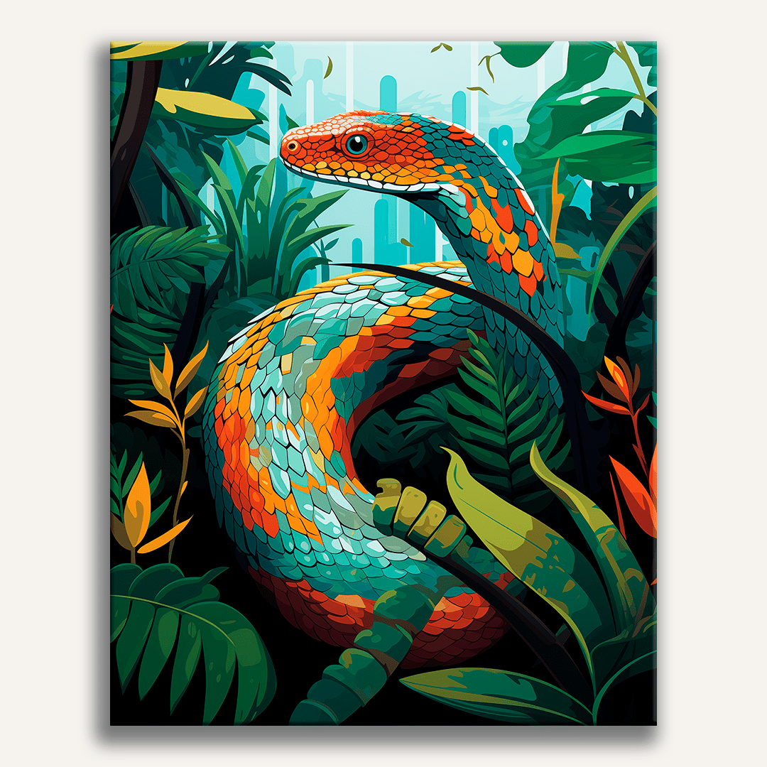 The image showcases a vibrant illustration of a large snake, characterized by its green and yellow scales, curled elegantly in an environment rich with tropical vegetation..