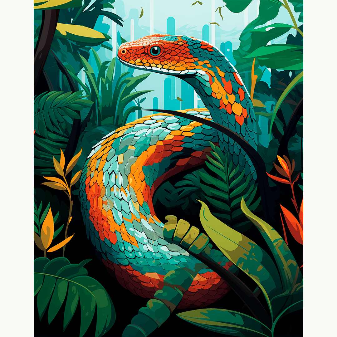The image showcases a vibrant illustration of a large snake, characterized by its green and yellow scales, curled elegantly in an environment rich with tropical vegetation..