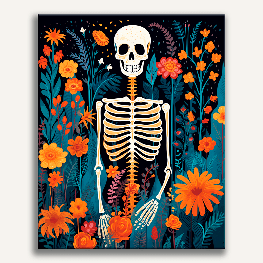 A poster illustrates a vibrant scene where a skeleton stands amidst an array of colorful flowers.