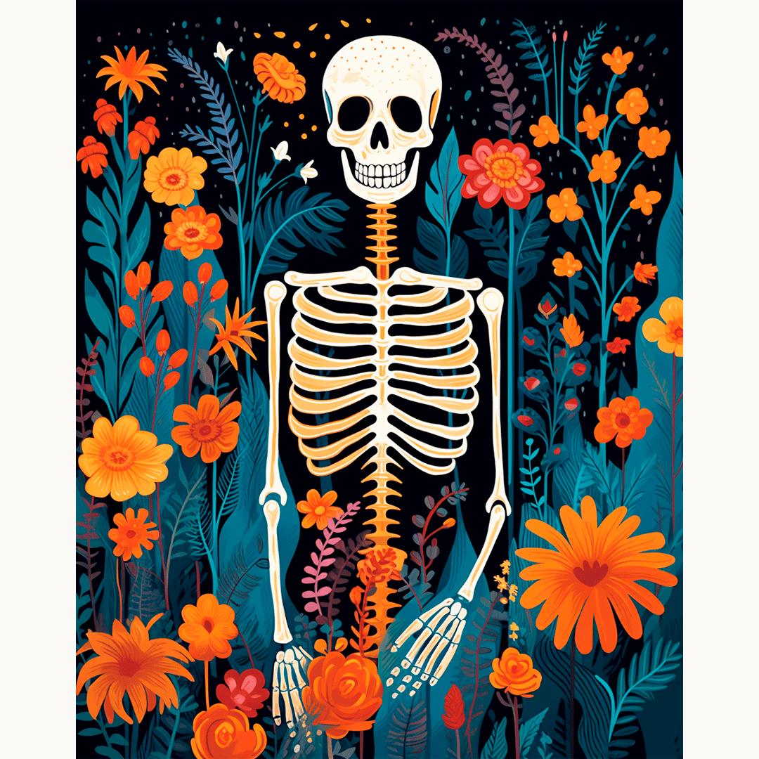 A poster illustrates a vibrant scene where a skeleton stands amidst an array of colorful flowers.