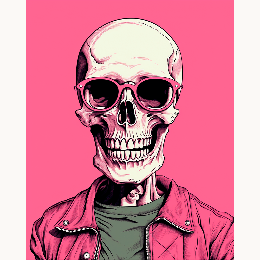 A poster depicts a skeleton wearing sunglasses and a red jacket, standing against a pink background..