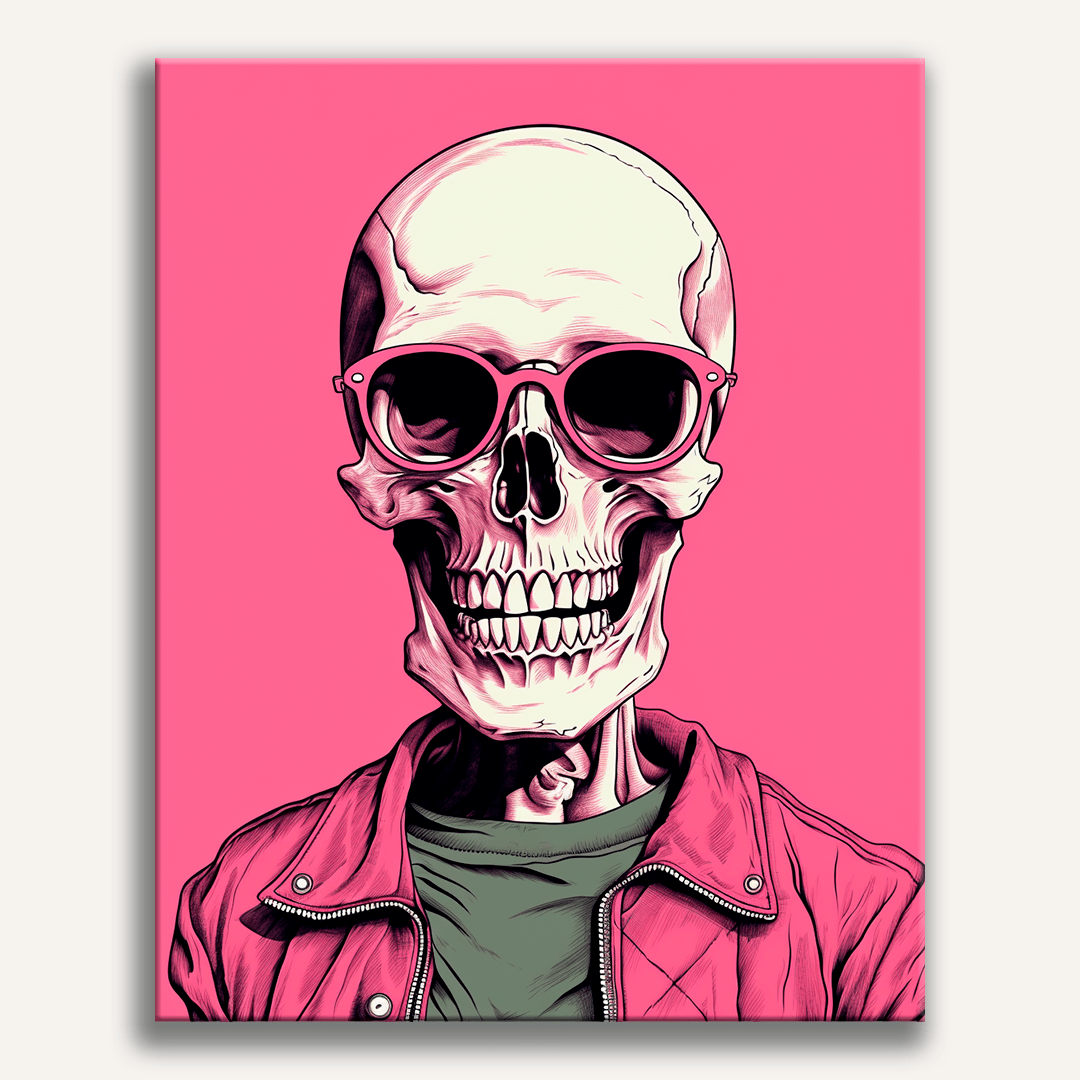 A poster depicts a skeleton wearing sunglasses and a red jacket, standing against a pink background..