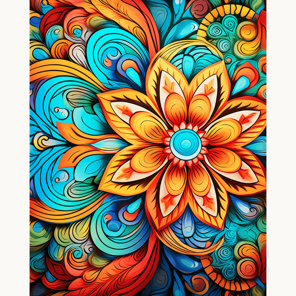 The image displays a vibrant and intricate piece of digital artwork that resembles a floral mandala or kaleidoscope.
