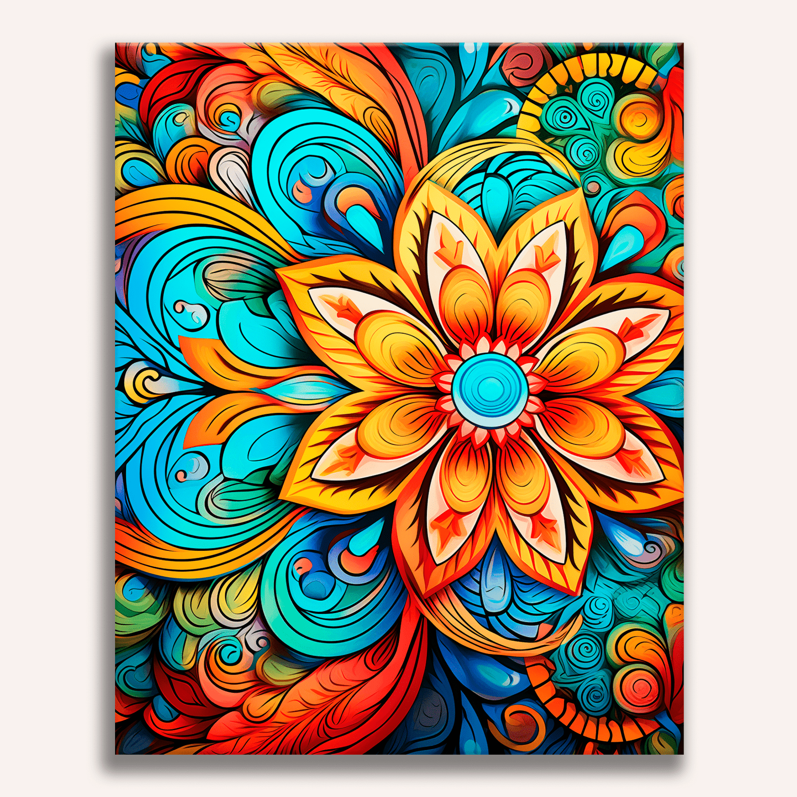 The image displays a vibrant and intricate piece of digital artwork that resembles a floral mandala or kaleidoscope.