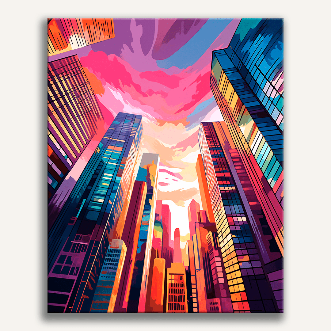 A colorful urban scene featuring tall skyscrapers under a vibrant sky, with a play of light creating a dreamy atmosphere above the cityscape.
