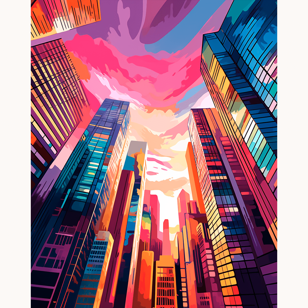 A colorful urban scene featuring tall skyscrapers under a vibrant sky, with a play of light creating a dreamy atmosphere above the cityscape.