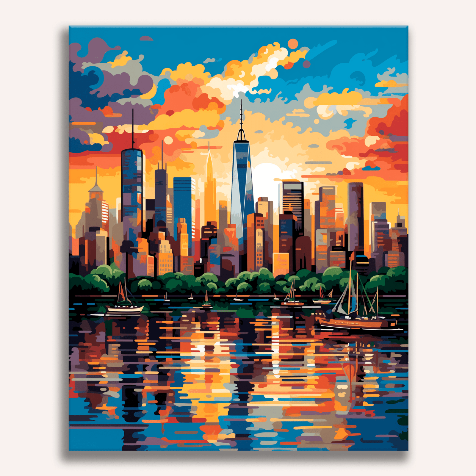 The image depicts a vibrant urban skyline at sunset, featuring iconic buildings such as the Chrysler Building and the Empire State Building.