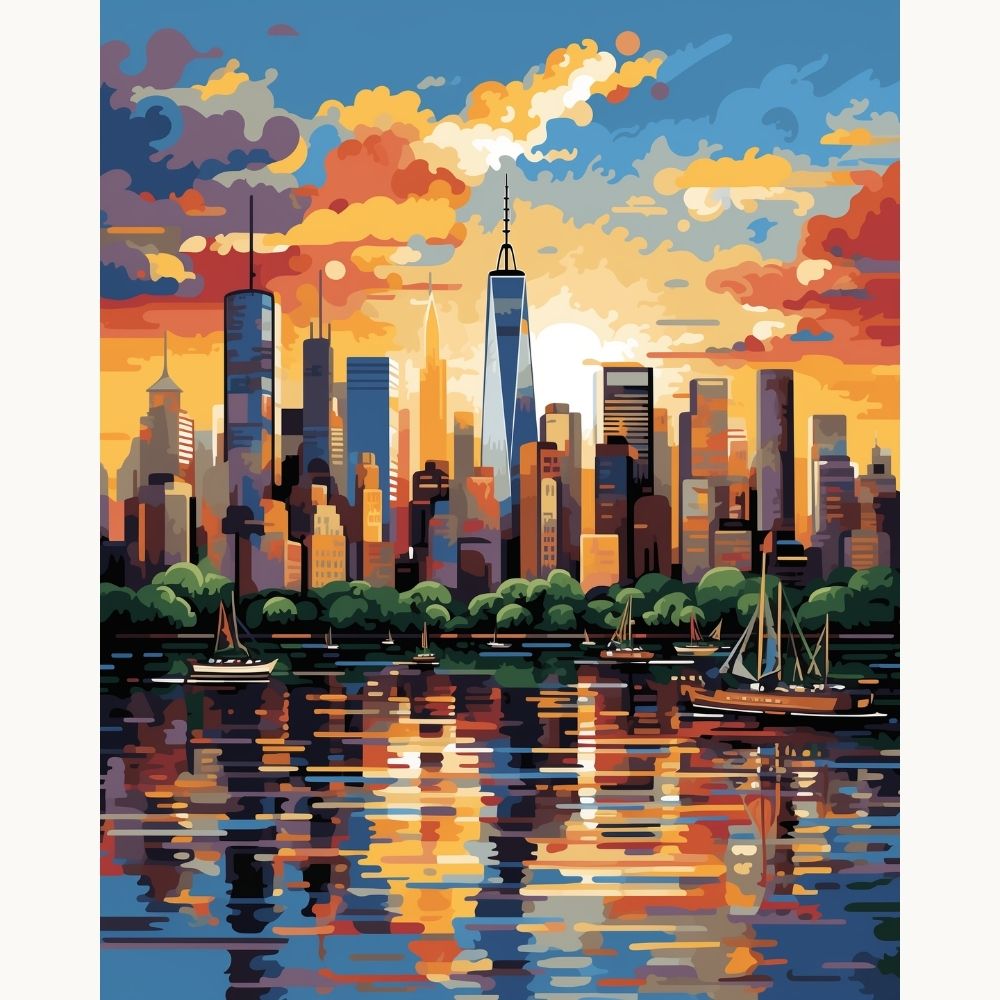 The image depicts a vibrant urban skyline at sunset, featuring iconic buildings such as the Chrysler Building and the Empire State Building.