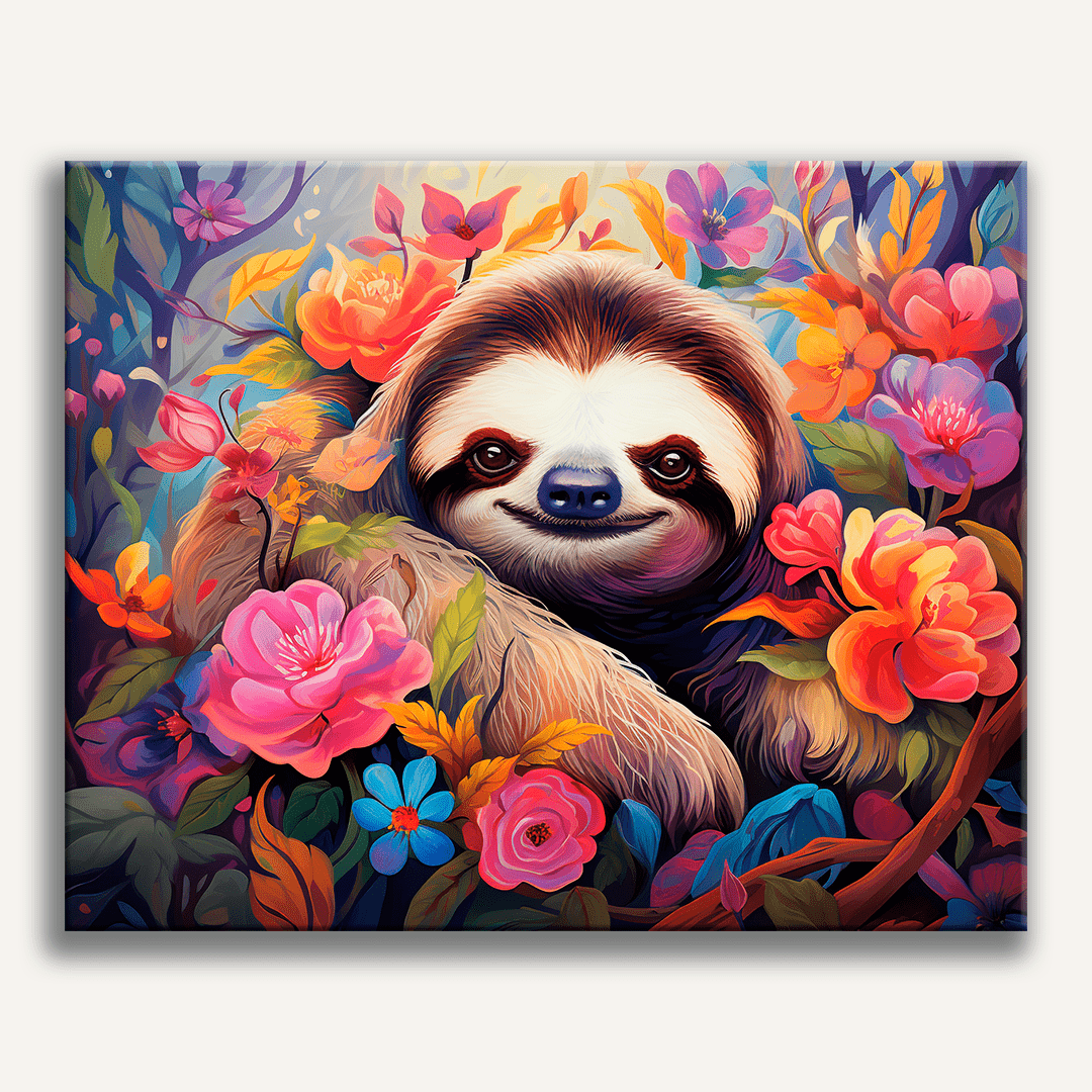 In the center of a vibrant floral backdrop, a sloth with distinctive brown and white fur is seated among the blooms.