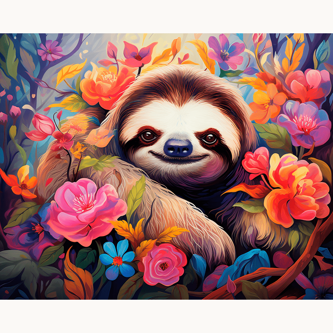 In the center of a vibrant floral backdrop, a sloth with distinctive brown and white fur is seated among the blooms.