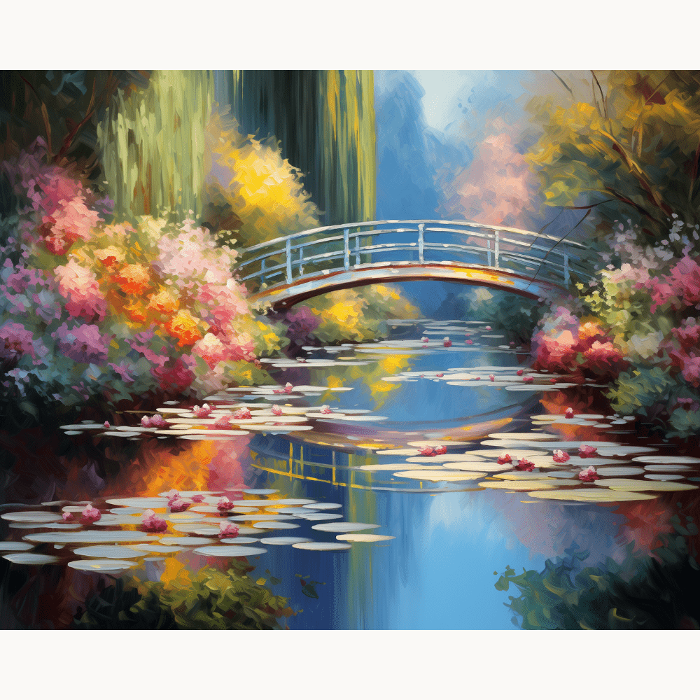 A serene landscape features a bridge over a pond with lily pads and a small stream.