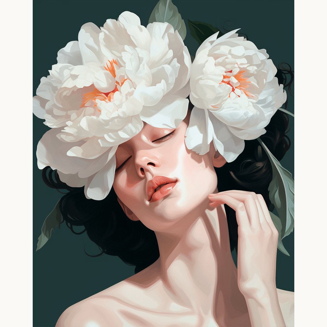 A person, depicted in a realistic style art print poster, is holding a bouquet of white flowers against their head, suggesting a celebration or a special event.