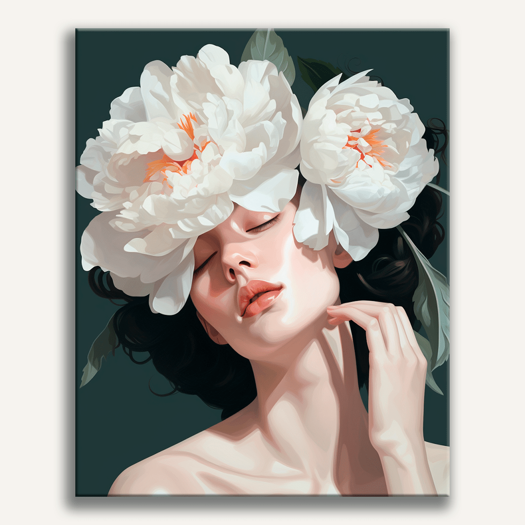 A person, depicted in a realistic style art print poster, is holding a bouquet of white flowers against their head, suggesting a celebration or a special event.