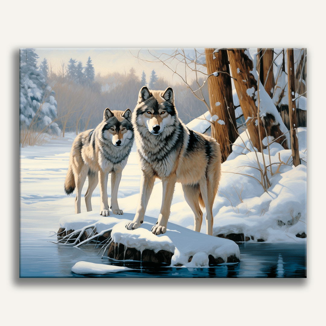 In the center of a serene snow-covered landscape, two majestic wolves stand side by side on a rock, gazing towards the viewer.