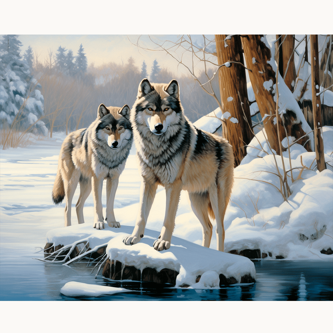In the center of a serene snow-covered landscape, two majestic wolves stand side by side on a rock, gazing towards the viewer.