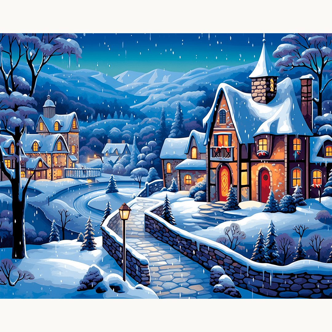 A snowy village scene at night features a traditional Christmas village with lit windows, houses, and trees.
