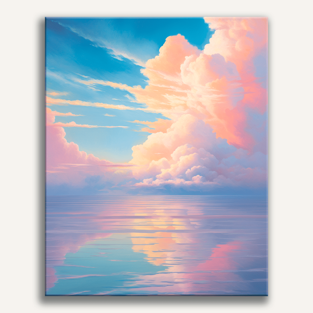 This image features a serene seascape with a large, fluffy cloudscape overhead.