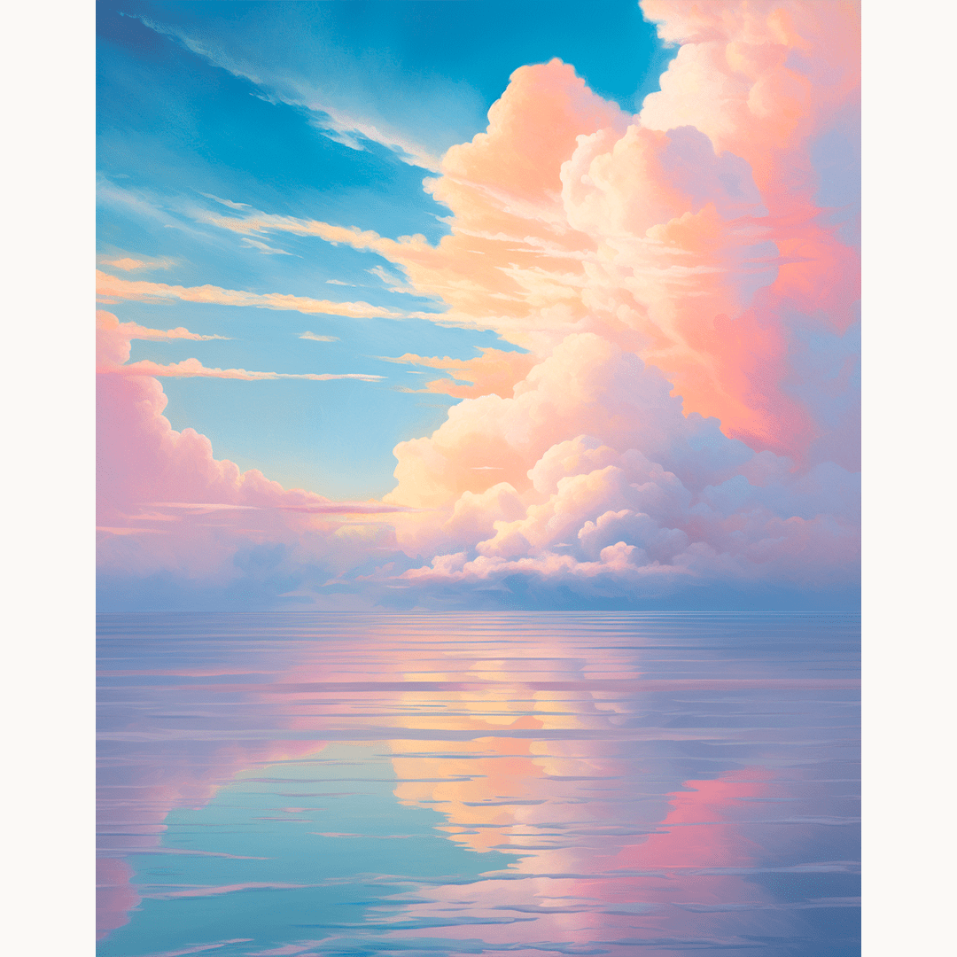 This image features a serene seascape with a large, fluffy cloudscape overhead.