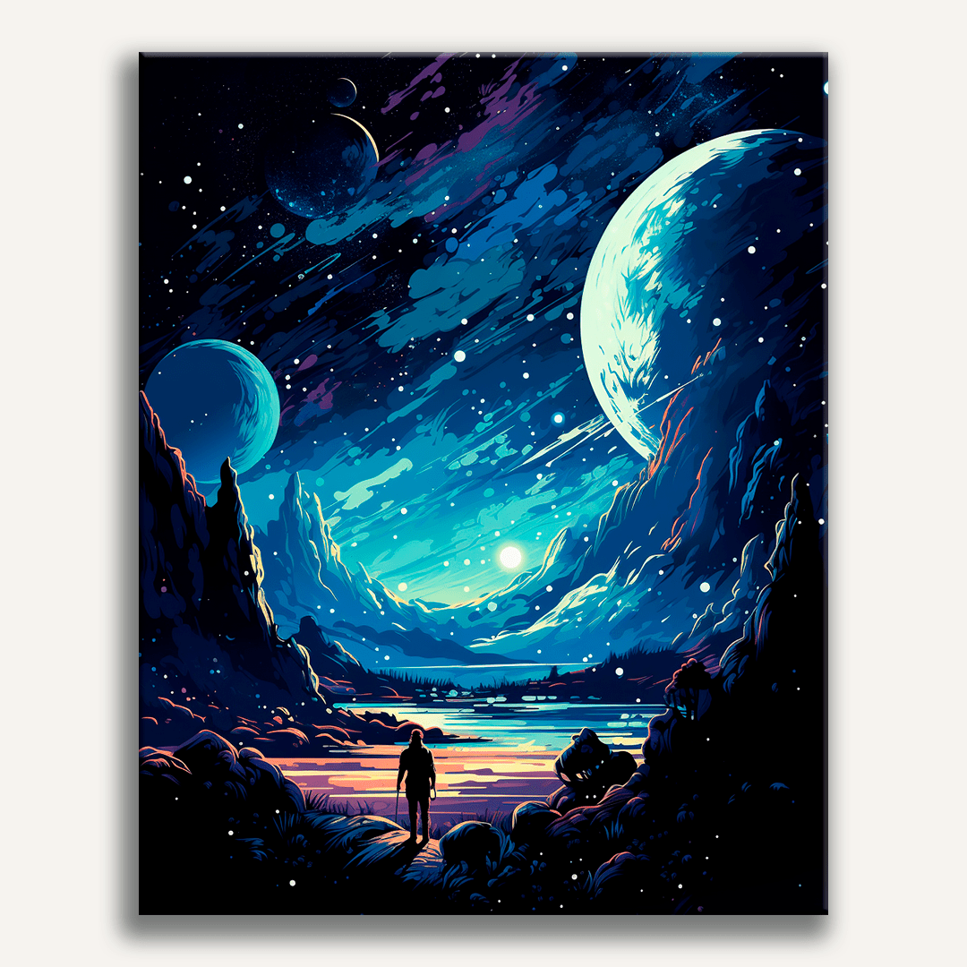 A vivid nightscape features a lone figure walking on a rocky path towards a massive cosmic scene.