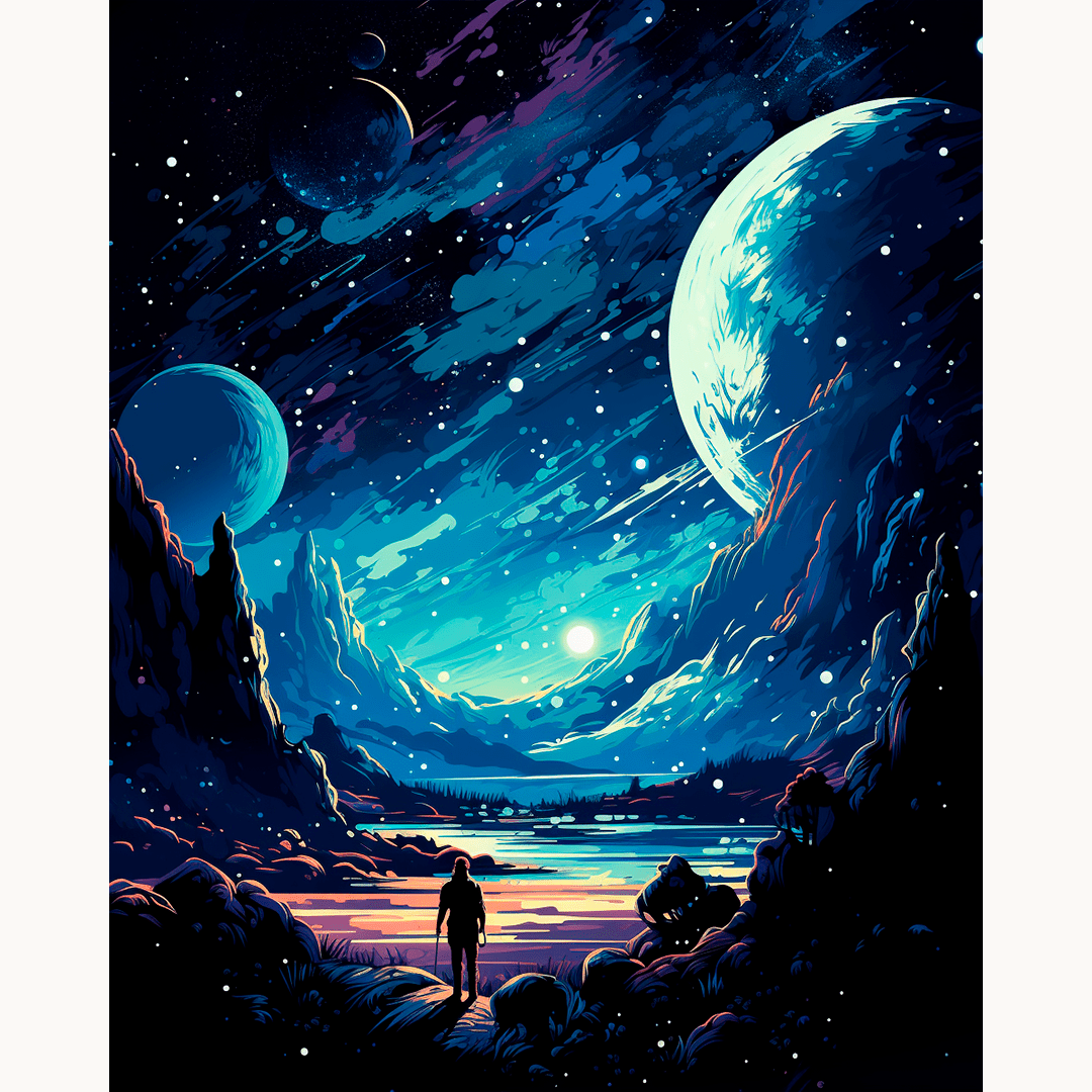 A vivid nightscape features a lone figure walking on a rocky path towards a massive cosmic scene.
