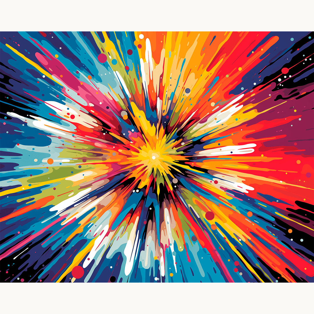 The image presents an abstract art piece characterized by a vibrant explosion of colorful shapes and lines radiating from the center..