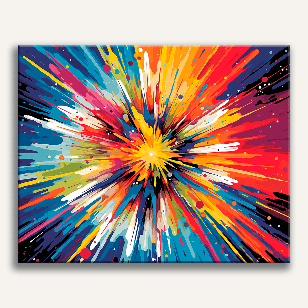 The image presents an abstract art piece characterized by a vibrant explosion of colorful shapes and lines radiating from the center..