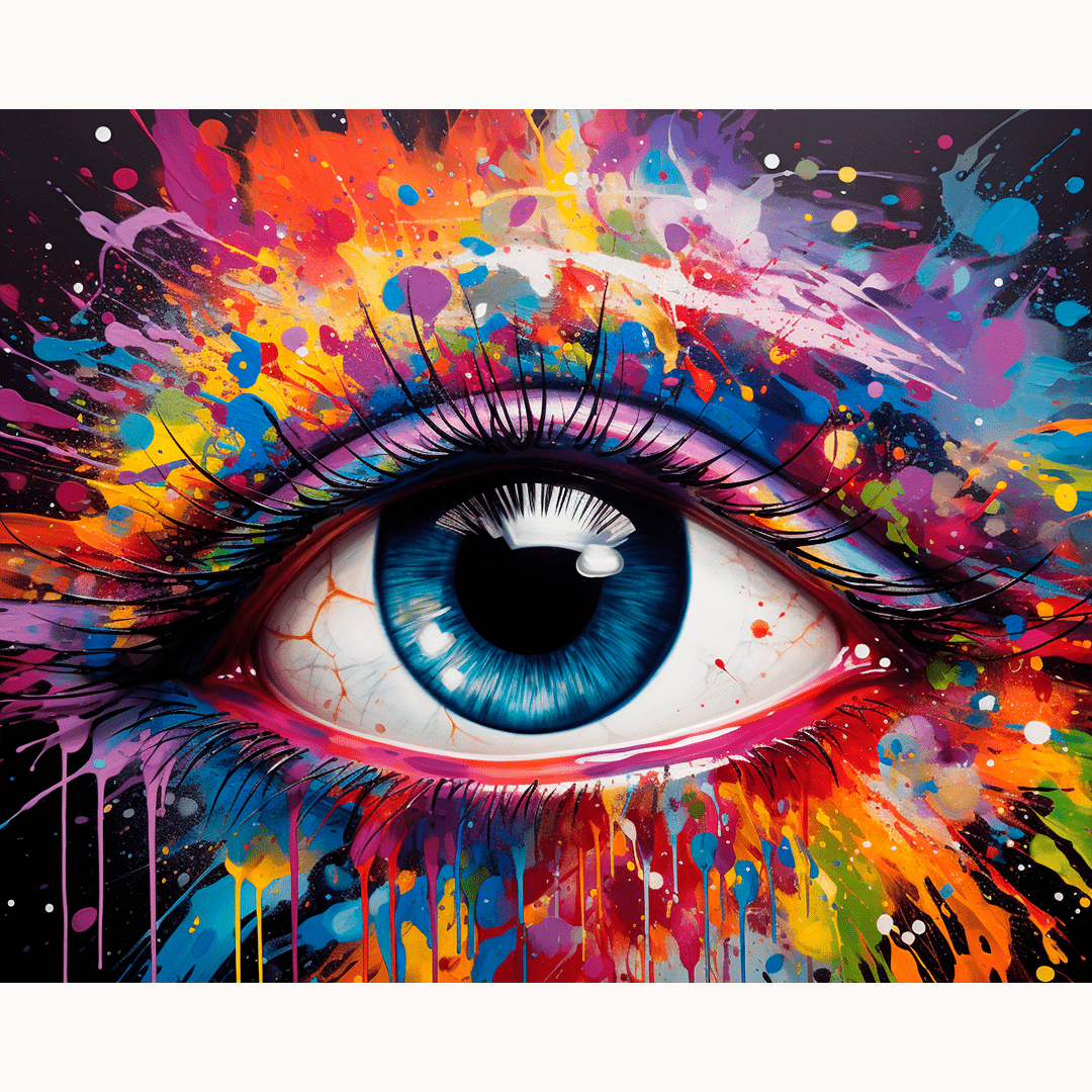 A close-up of a colorful eye with an intricate design resembling a mosaic of various colors and shapes.