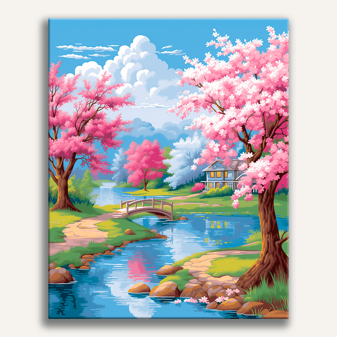 A digital illustration features a serene landscape scene with a tranquil pond at its center.