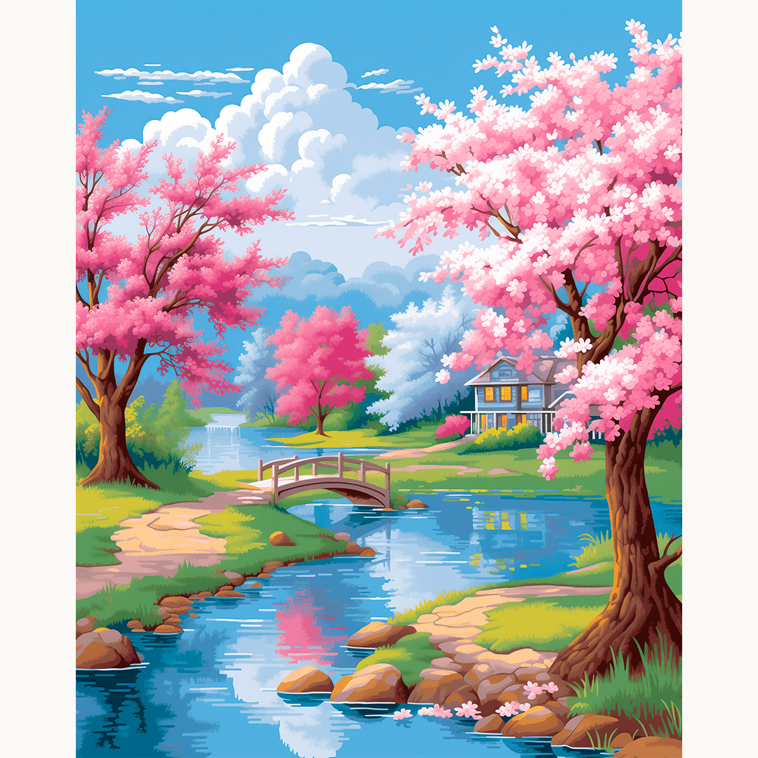 A digital illustration features a serene landscape scene with a tranquil pond at its center.