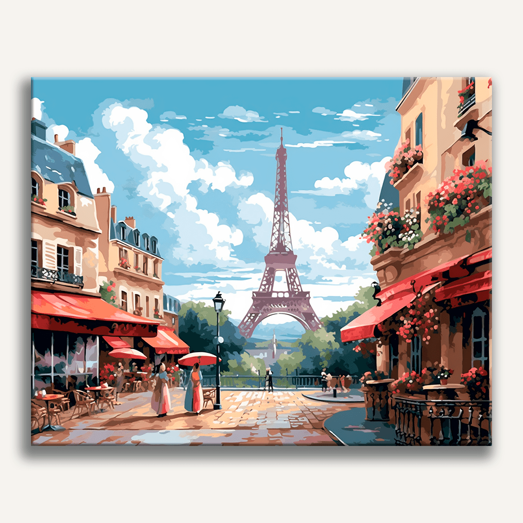 A vibrant illustration captures a romantic French city scene with two individuals enjoying the day.