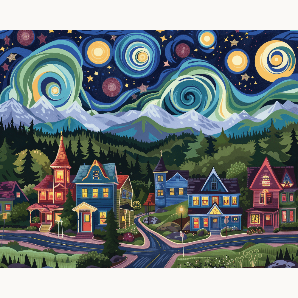 In the center of the image, a small town with colorful houses sits under a star-filled sky, evoking a sense of serene tranquility..