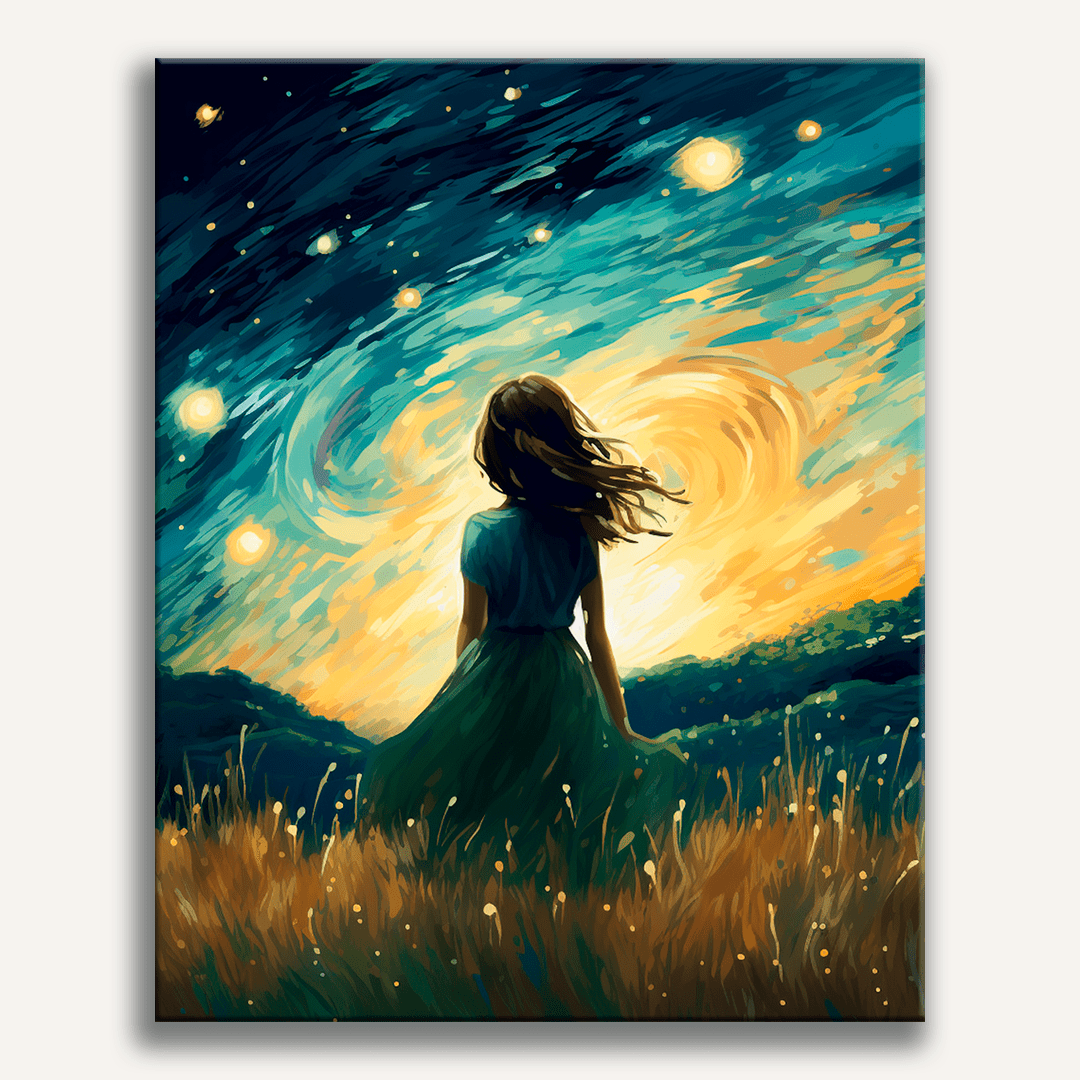 A woman stands alone in a vast grassland under a night sky filled with stars.