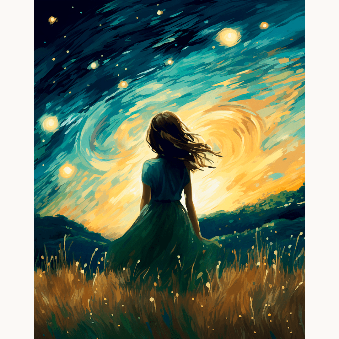 A woman stands alone in a vast grassland under a night sky filled with stars.