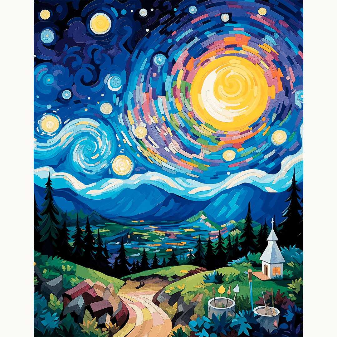 A colorful nighttime scene featuring a large, swirling galaxy with stars and constellations overhead, and a vibrant, multi-hued sun on the horizon, shining brightly over a mountainous landscape with green trees and a church visible at the bottom of the mountains.