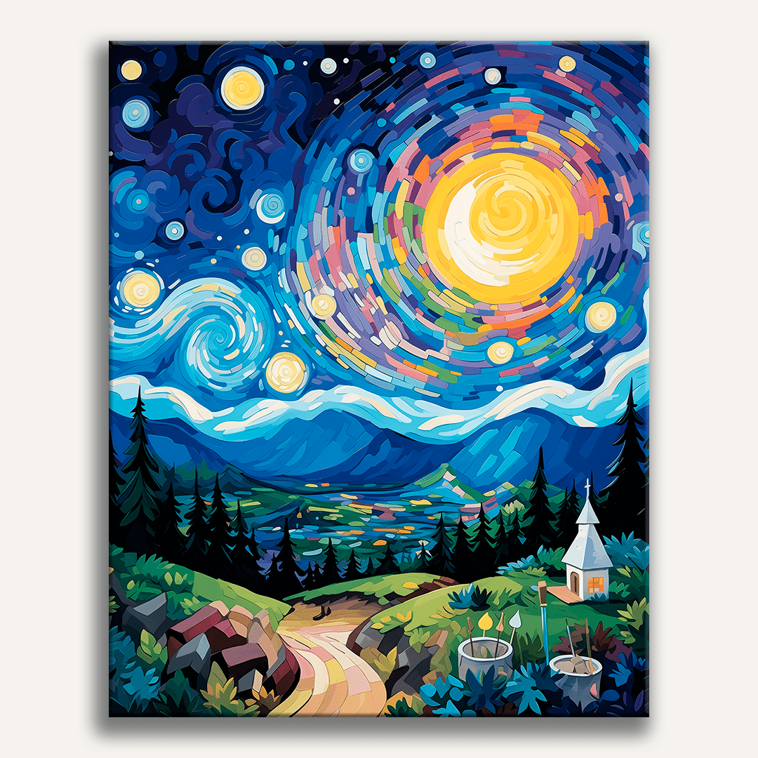 A colorful nighttime scene featuring a large, swirling galaxy with stars and constellations overhead, and a vibrant, multi-hued sun on the horizon, shining brightly over a mountainous landscape with green trees and a church visible at the bottom of the mountains.