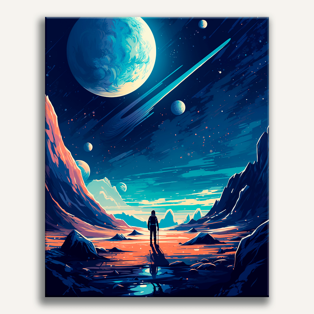 A person stands solitary on a rocky outcrop at the edge of an expansive mountain range that stretches into the distance under a star-filled sky.