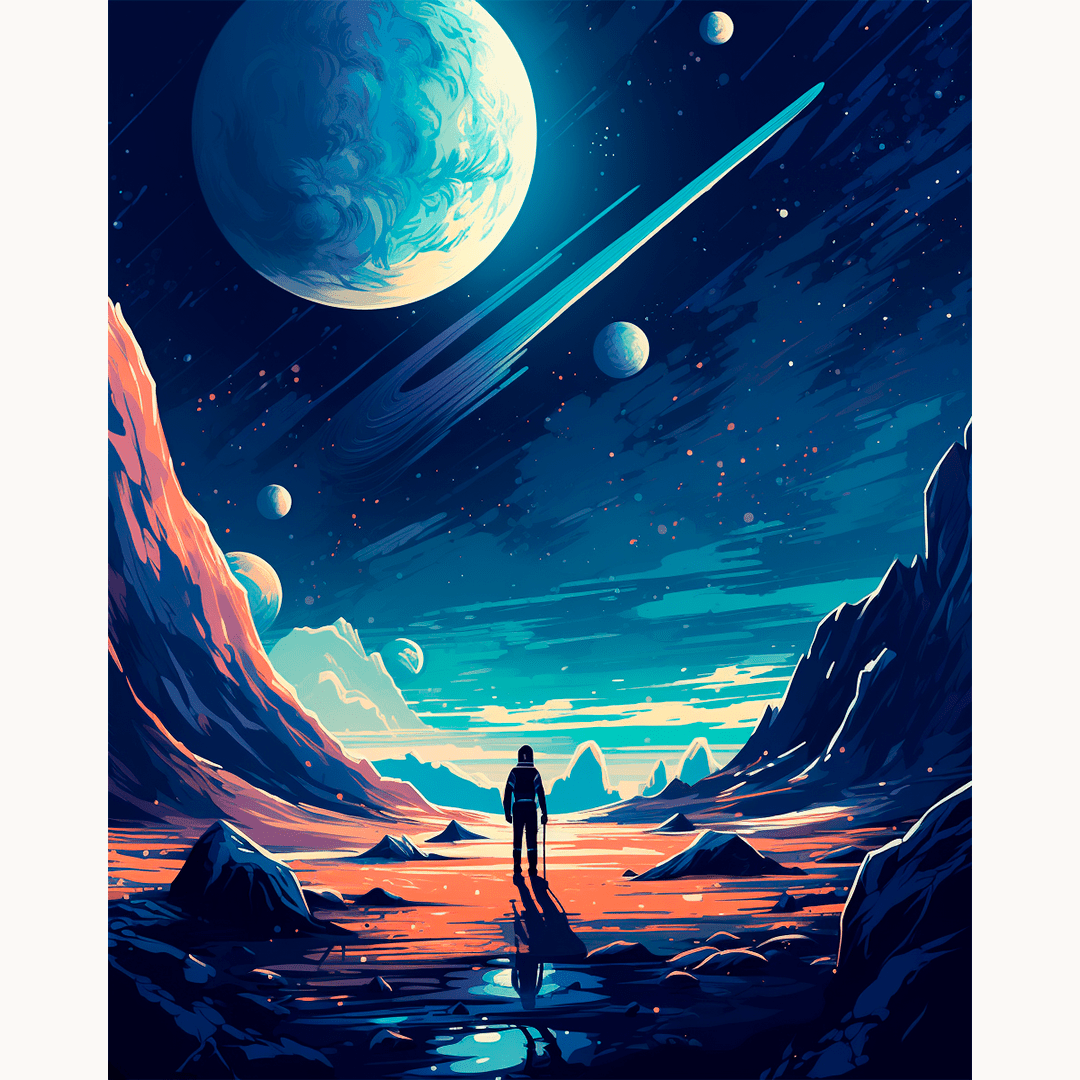 A person stands solitary on a rocky outcrop at the edge of an expansive mountain range that stretches into the distance under a star-filled sky.