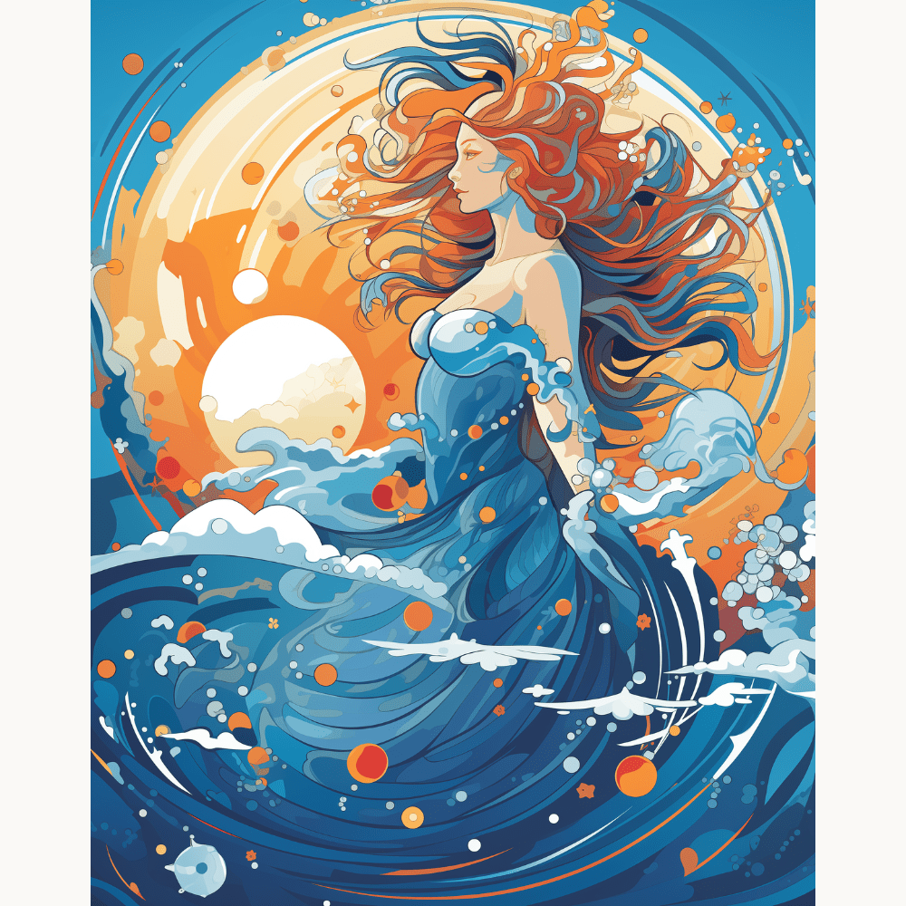 In the given image, a female figure with long hair and a serene expression is depicted.
