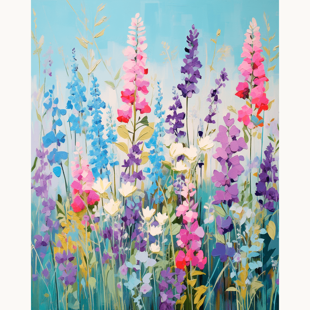 A vibrant canvas print displaying a colorful wildflower field with tall stems and various shades of pink, purple, red, and white flowers, set against a bright blue sky with scattered clouds..