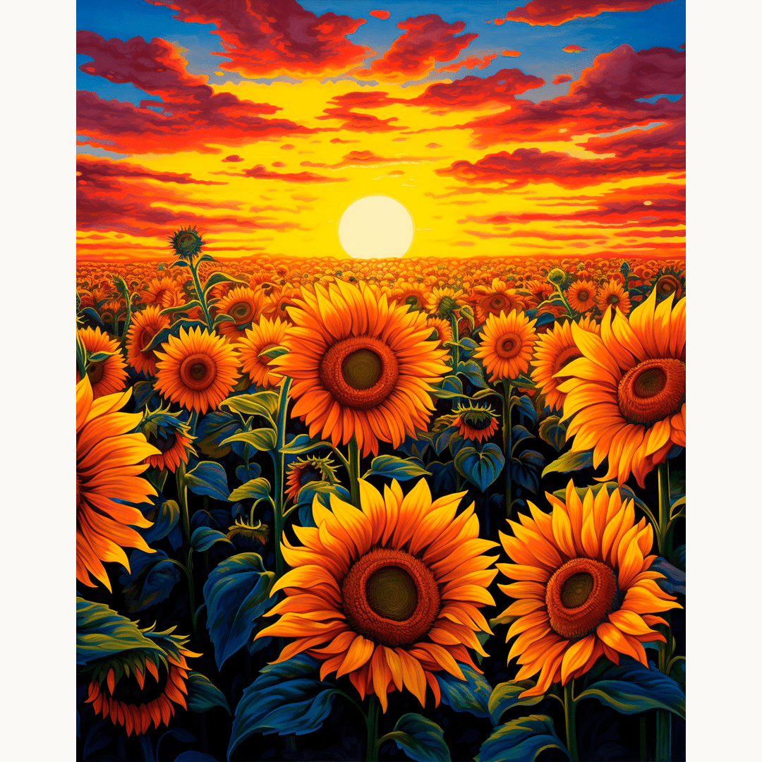 The image showcases a vibrant sunset scene, where the sun dips low on the horizon, casting a warm glow over a field of ripe sunflowers.