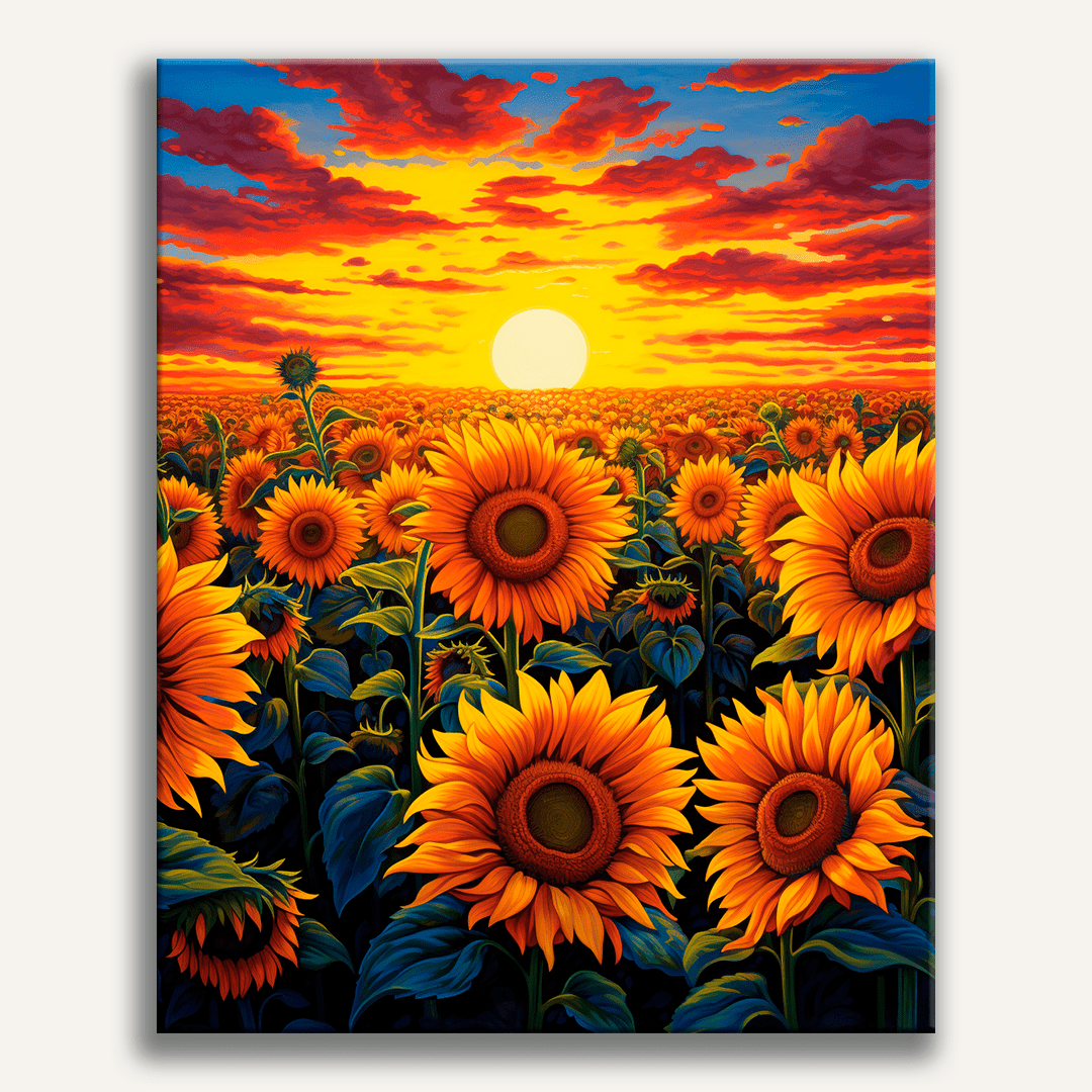 The image showcases a vibrant sunset scene, where the sun dips low on the horizon, casting a warm glow over a field of ripe sunflowers.