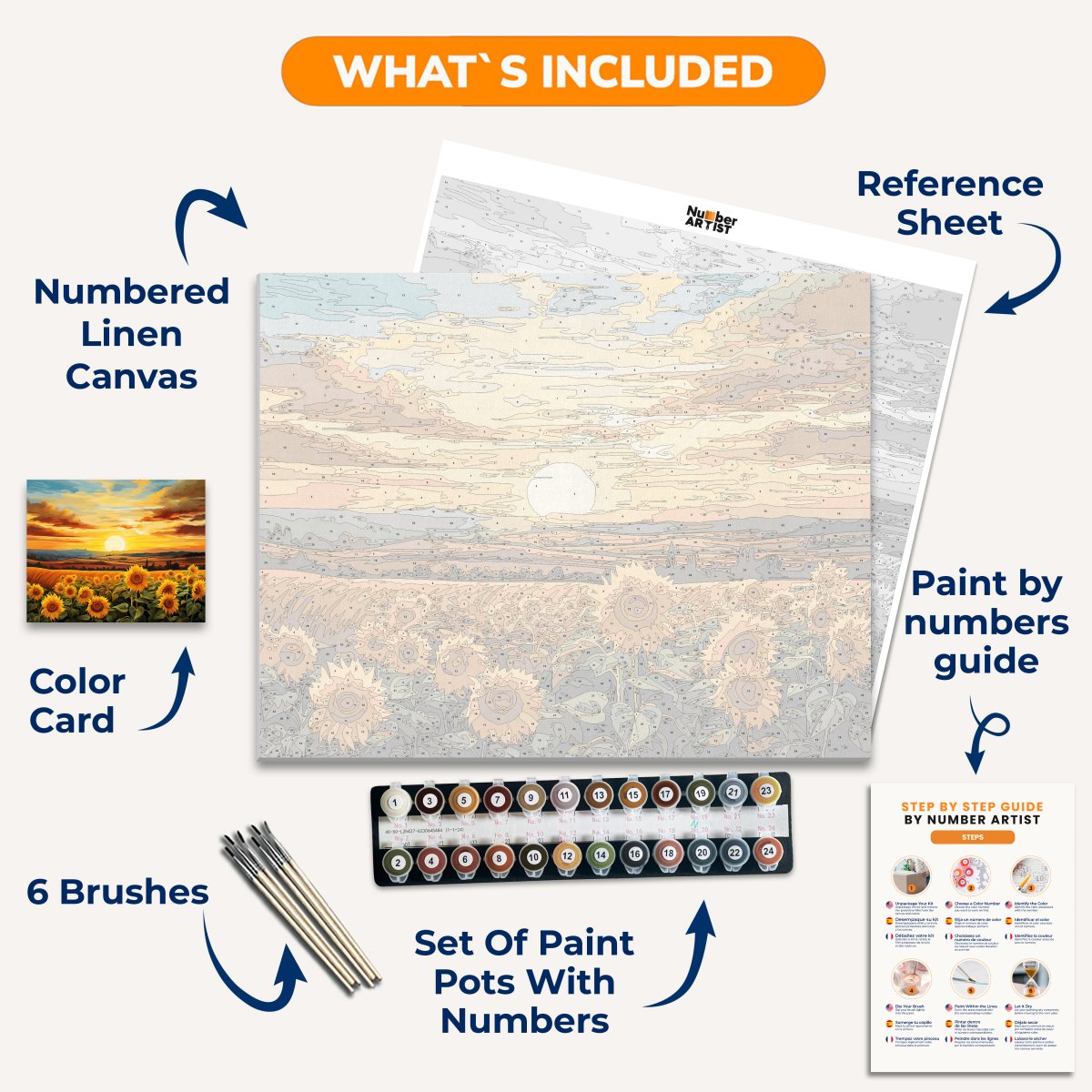 A vibrant sunset painting depicts a serene rural scene.