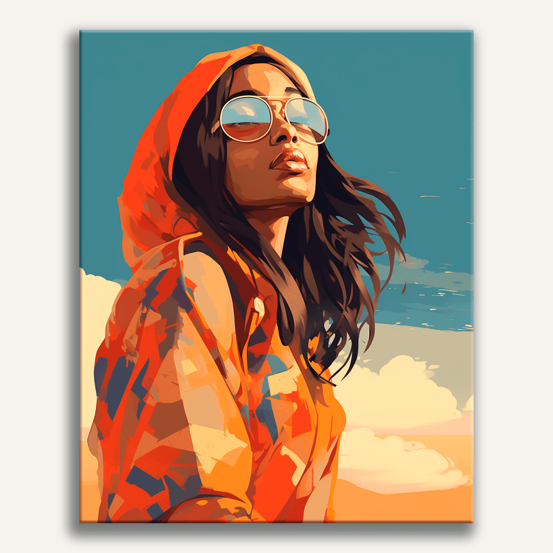 This is a square format illustration featuring a female figure with long hair and sunglasses.