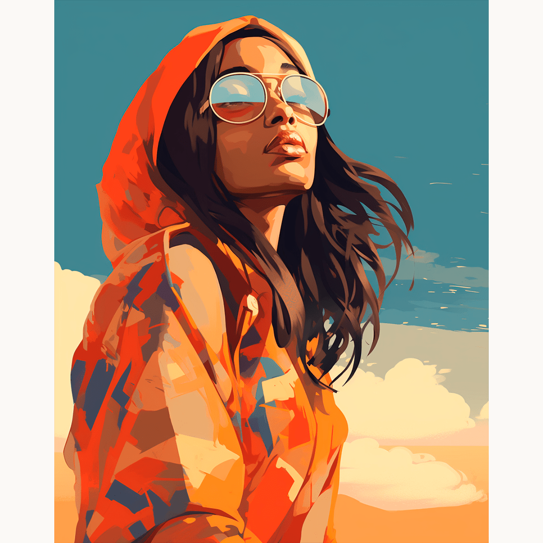 This is a square format illustration featuring a female figure with long hair and sunglasses.