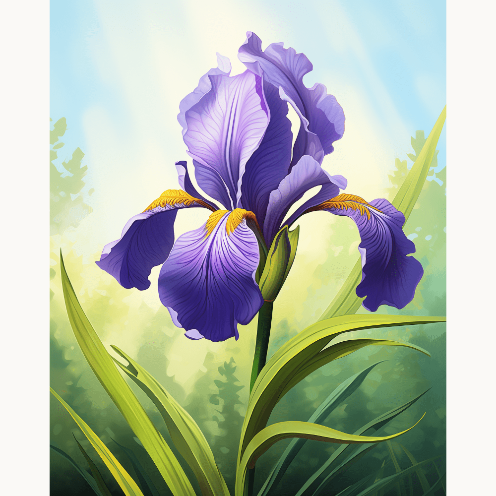 A large, vibrant purple iris flower stands upright in a verdant, sunlit environment.
