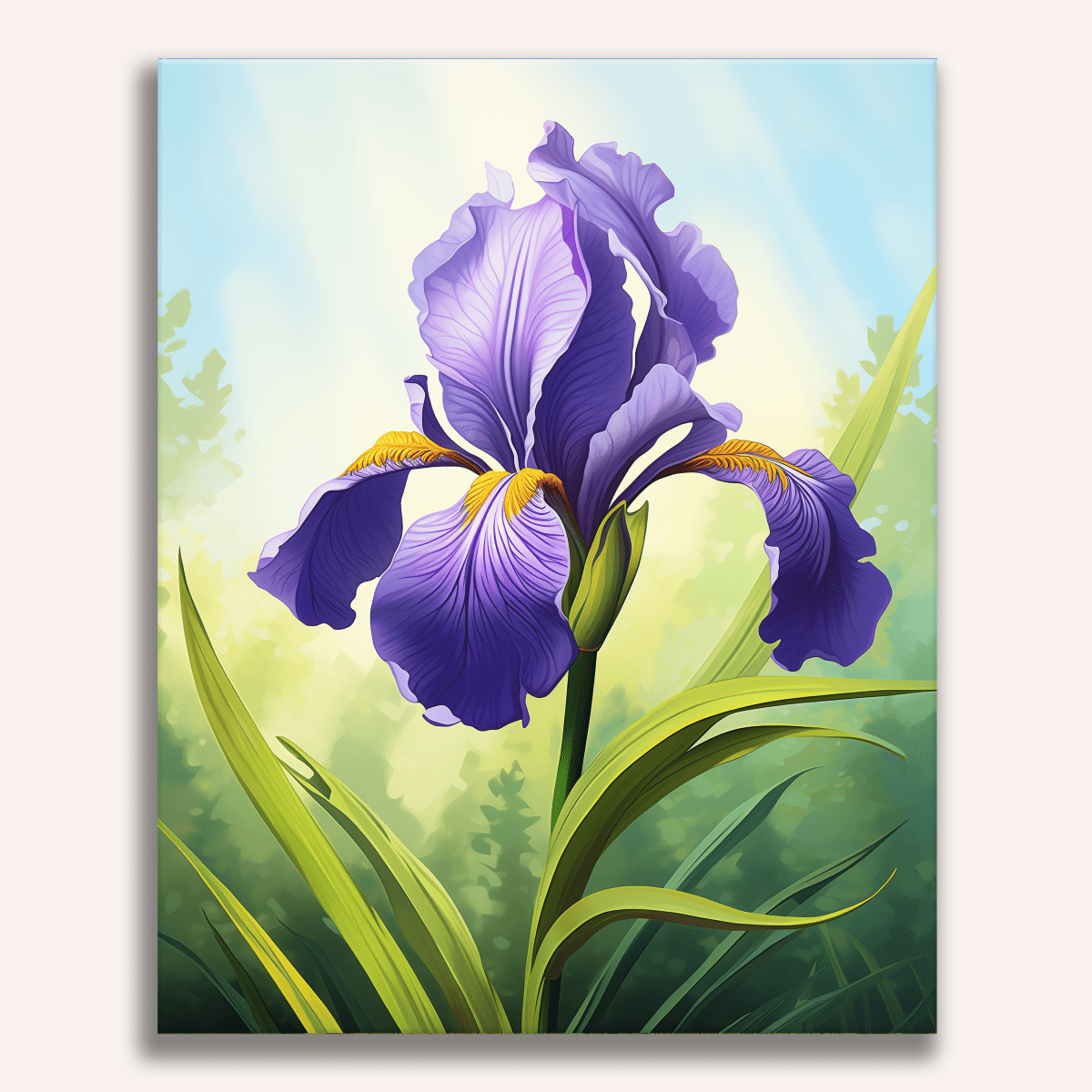 A large, vibrant purple iris flower stands upright in a verdant, sunlit environment.