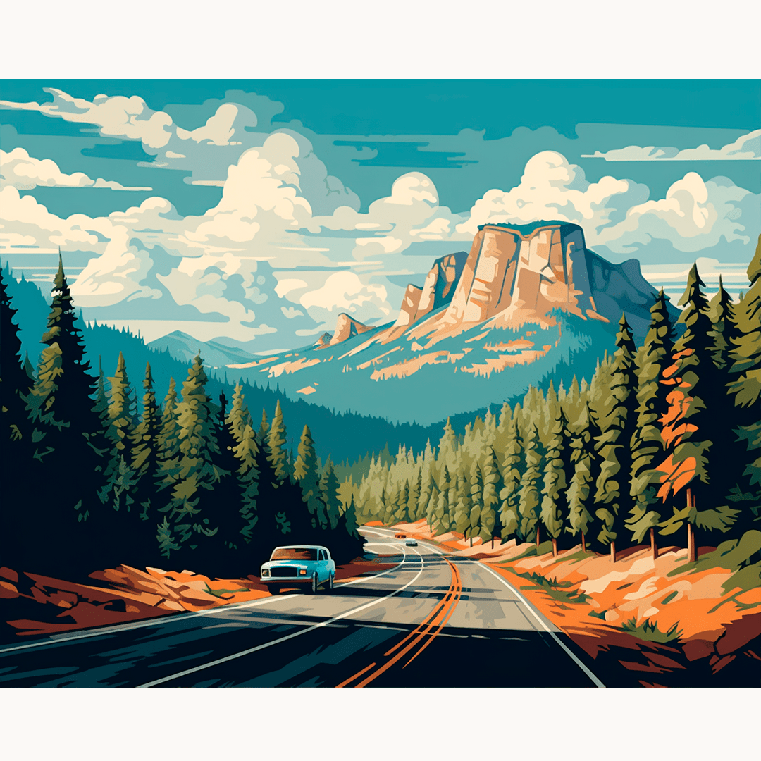 The image depicts a scenic mountain landscape in a realistic style.