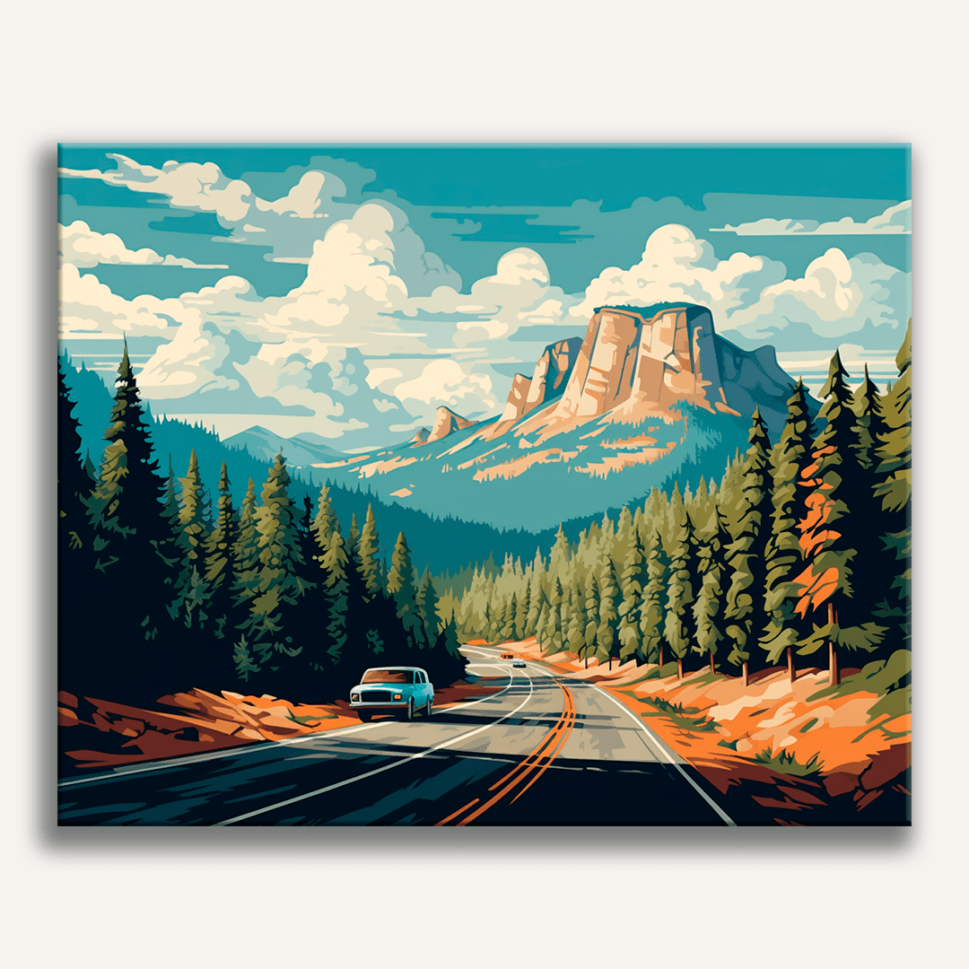 The image depicts a scenic mountain landscape in a realistic style.