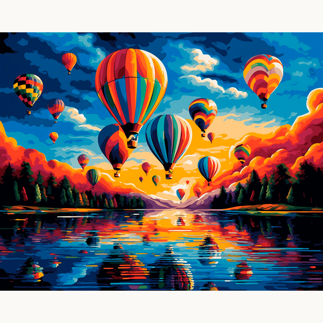 A vibrant illustration captures a serene scene at sunset, where multiple colorful hot air balloons float above a tranquil lake, set against a backdrop of mountains and a sky filled with clouds..