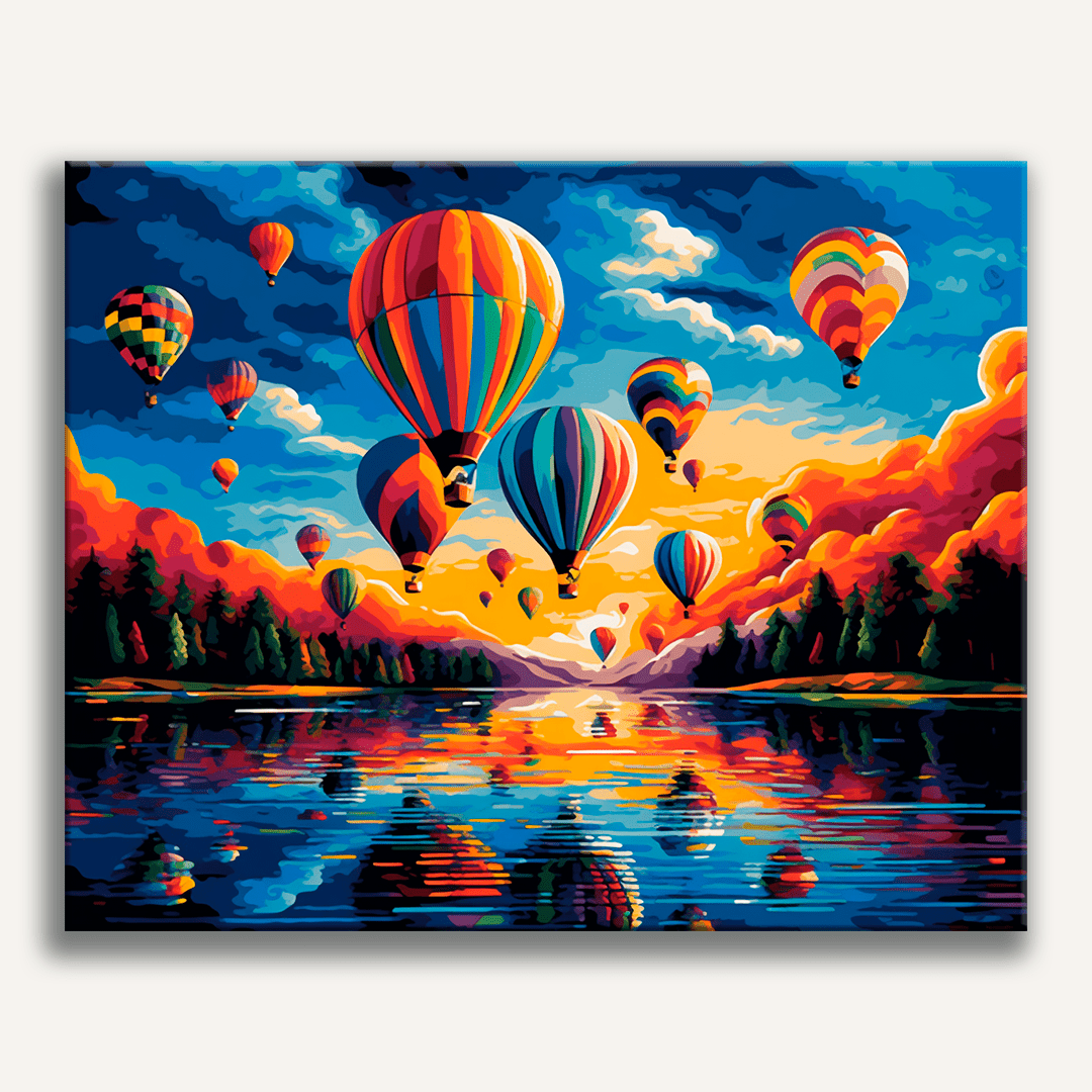 A vibrant illustration captures a serene scene at sunset, where multiple colorful hot air balloons float above a tranquil lake, set against a backdrop of mountains and a sky filled with clouds..